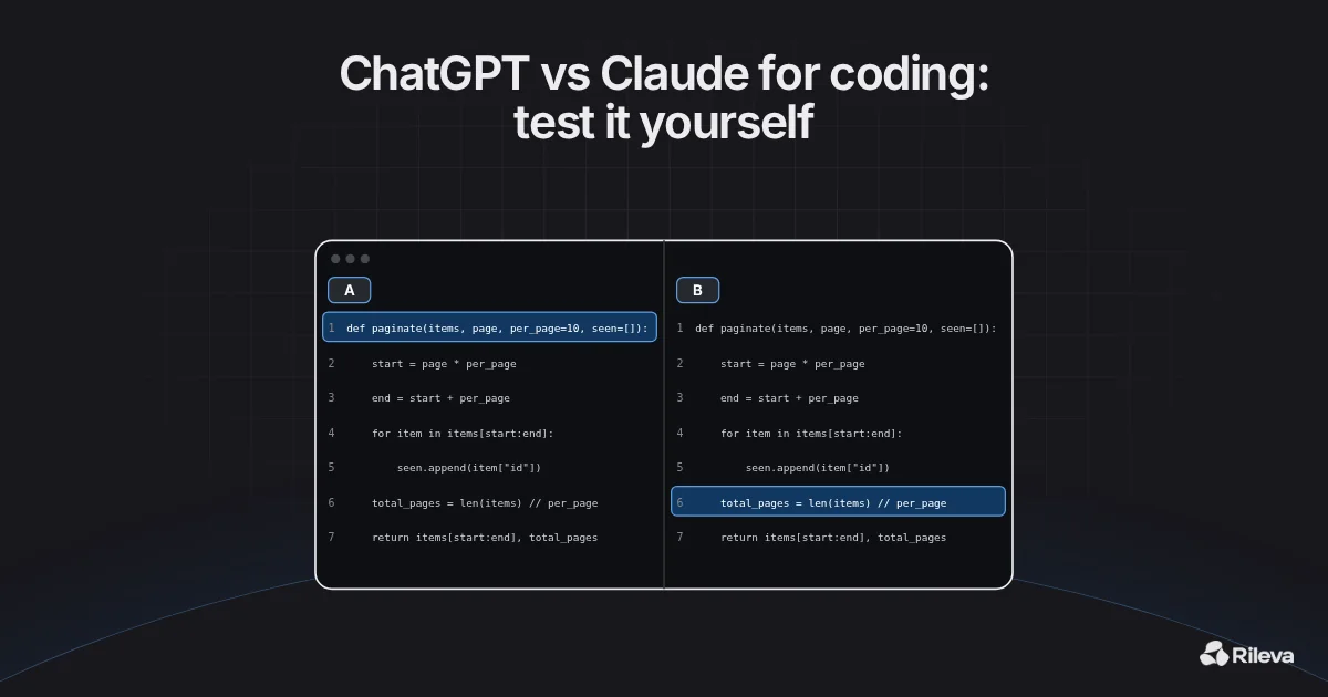A code editor split down the middle, the same Python function on both sides with different lines highlighted, and the title “ChatGPT vs Claude for coding: test it yourself”.