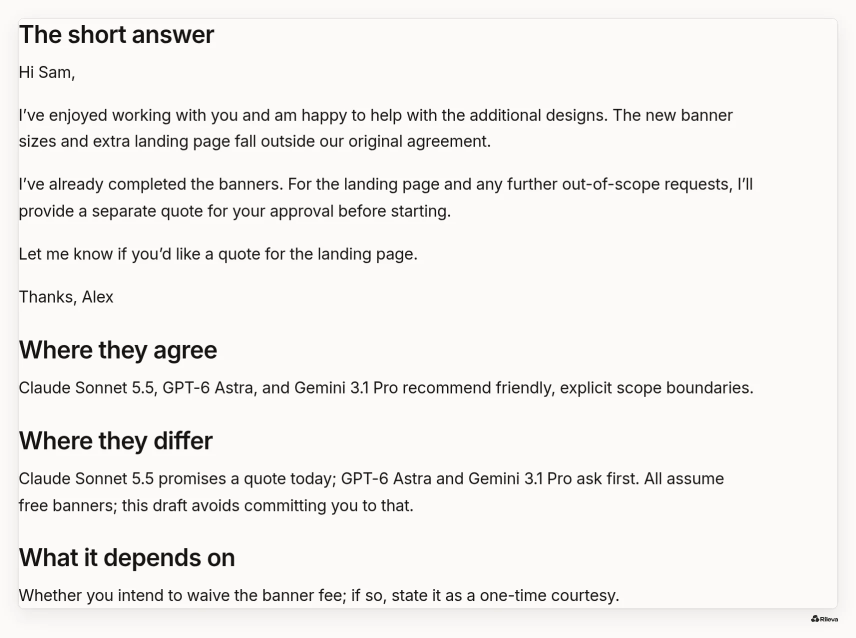 Screenshot of the Council summary from the same run, 8 October 2026: the short answer (a merged email to Sam that offers a separate quote for the landing page), then "Where they agree", "Where they differ" and "What it depends on".