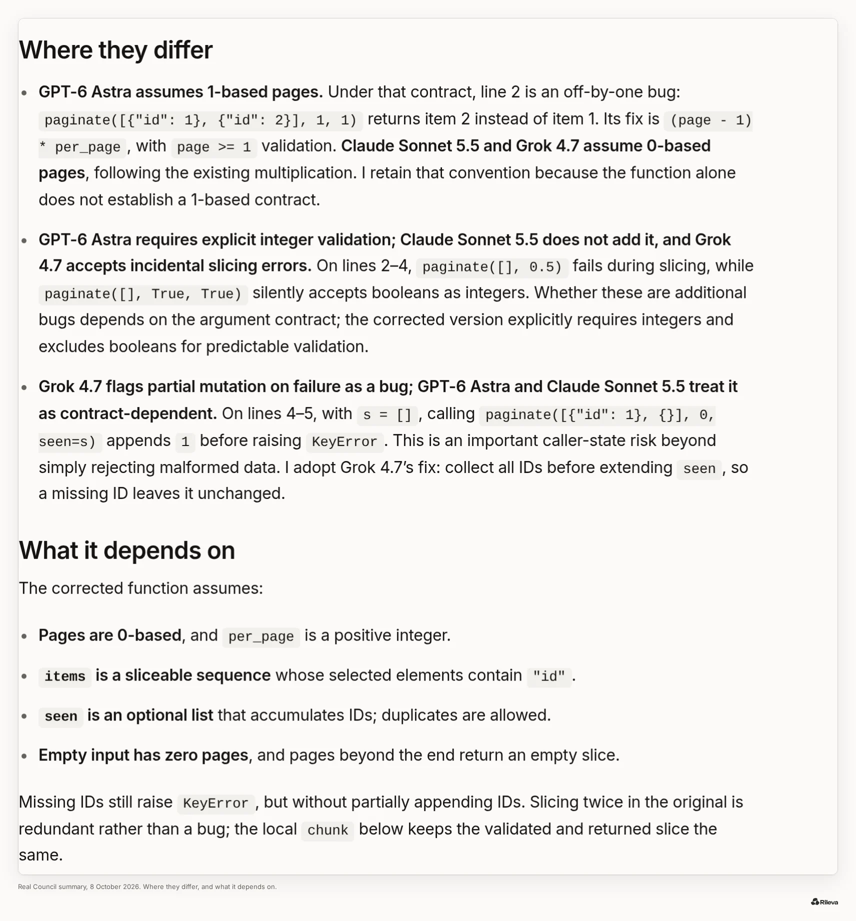 Screenshot of the same Council summary, 8 October 2026: "Where they differ" (1-based versus 0-based pages, integer validation, and a missing id partly updating the seen list), then "What it depends on", listing the corrected function's assumptions.