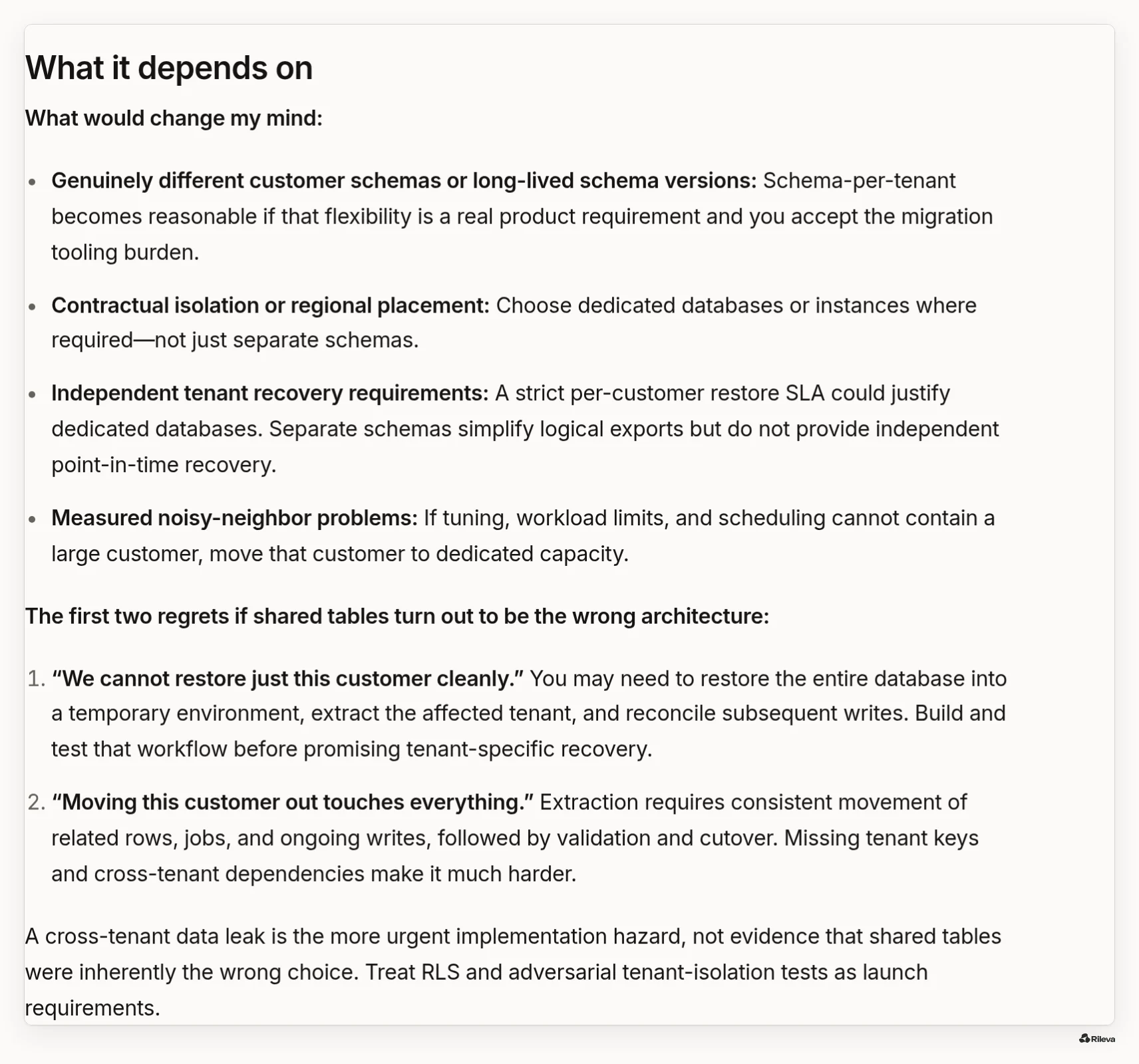 Screenshot of the "What it depends on" section of the same summary, 8 October 2026: what would change its mind, the first two regrets if shared tables turn out to be wrong, and a closing note that a cross-tenant data leak is the more urgent hazard.